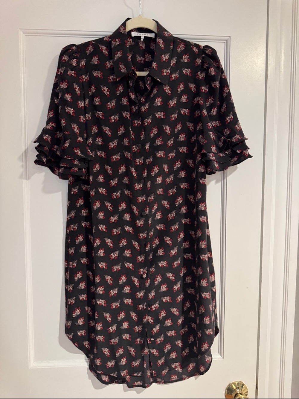 Frame Black Silk Shirtdress with Red and Cream Leaf Print